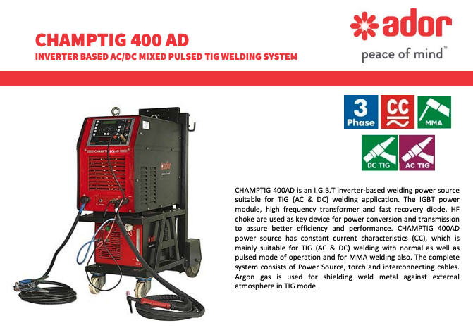 Ador Champ TIG 400 AD AC/DC Mixed Pulsed TIG Welding System - View 1