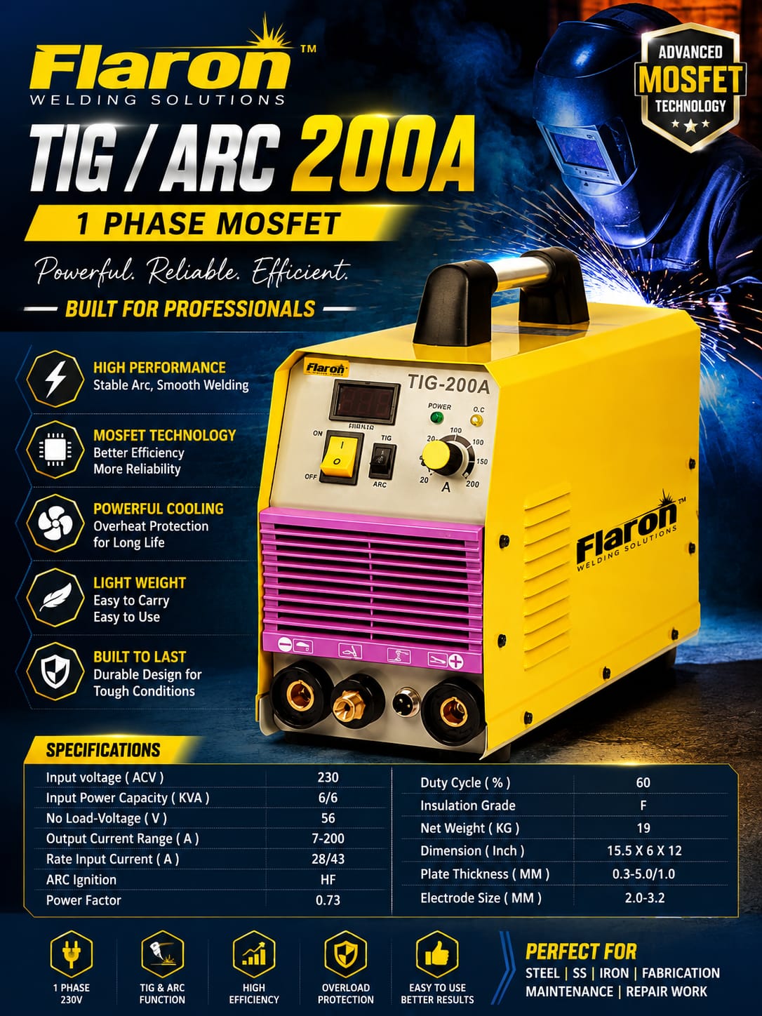 Flaron TIG / ARC 200A 1 Phase MOSFET Welding Machine - View 1